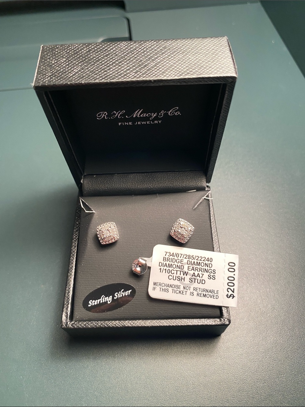 Sterling Silver Cushion Diamond Stud Earrings - Silver